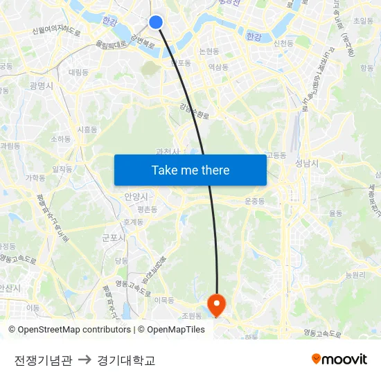 전쟁기념관 to 경기대학교 map