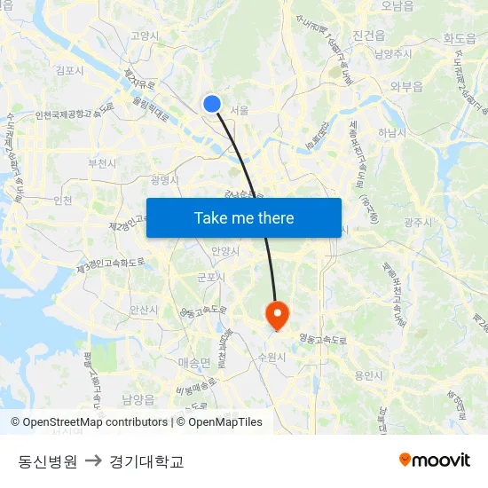 동신병원 to 경기대학교 map
