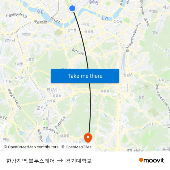한강진역.블루스퀘어 to 경기대학교 map