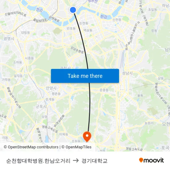 순천향대학병원.한남오거리 to 경기대학교 map