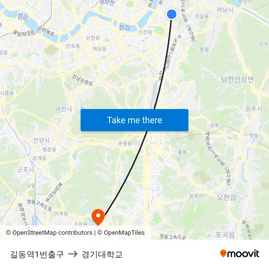 길동역1번출구 to 경기대학교 map