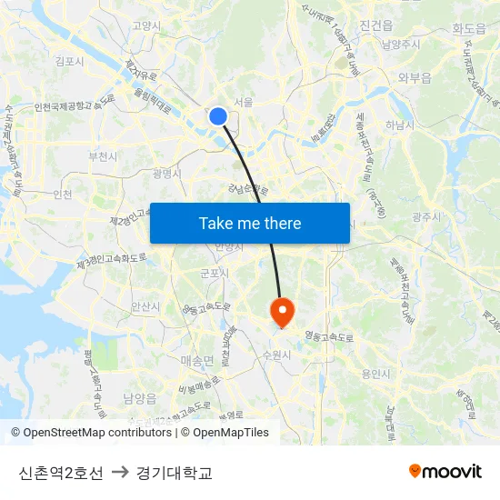 신촌역2호선 to 경기대학교 map