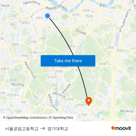 서울공업고등학교 to 경기대학교 map