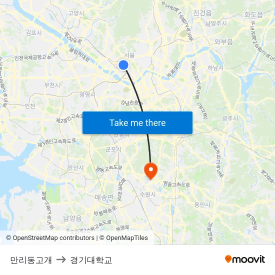 만리동고개 to 경기대학교 map