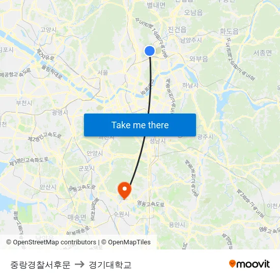 중랑경찰서후문 to 경기대학교 map
