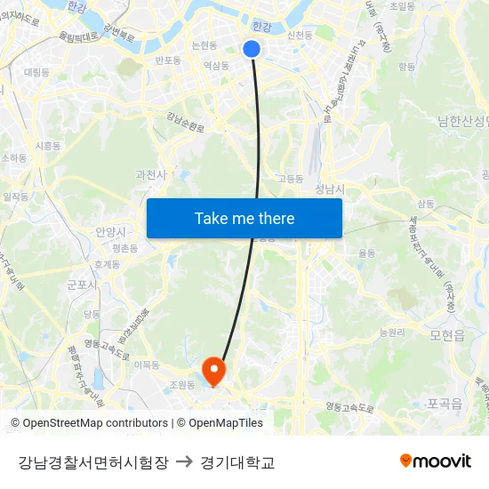 강남경찰서면허시험장 to 경기대학교 map