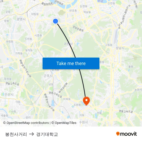 봉천사거리 to 경기대학교 map
