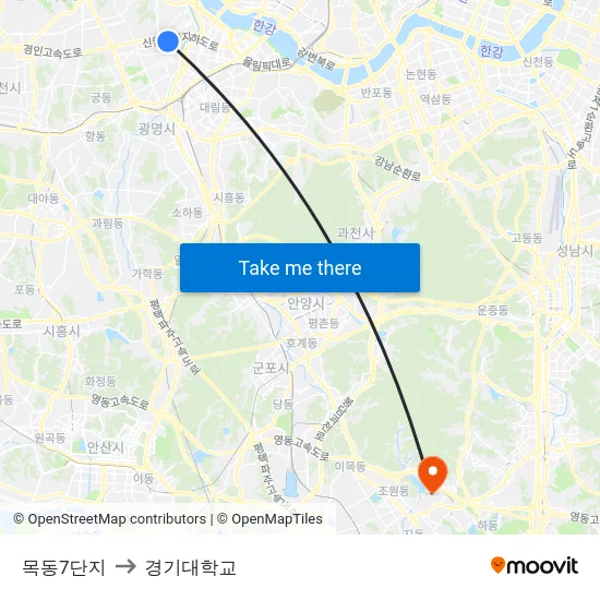 목동7단지 to 경기대학교 map