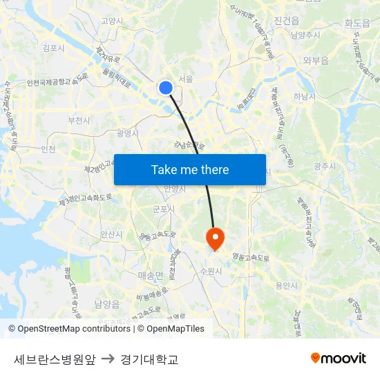세브란스병원앞 to 경기대학교 map