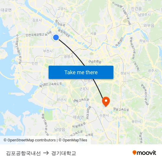 김포공항국내선 to 경기대학교 map