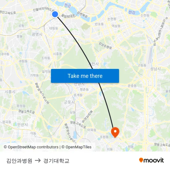 김안과병원 to 경기대학교 map