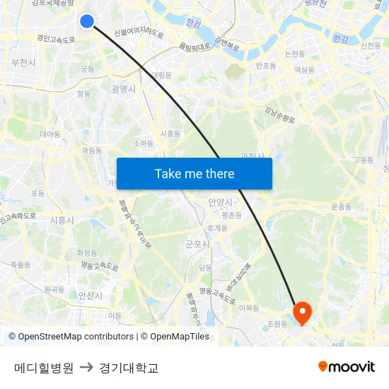 메디힐병원 to 경기대학교 map