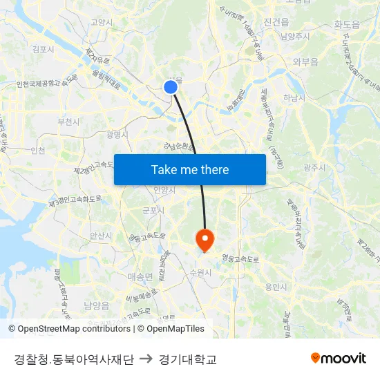 경찰청.동북아역사재단 to 경기대학교 map