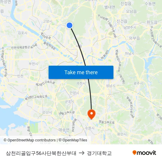 삼천리골입구56사단북한산부대 to 경기대학교 map