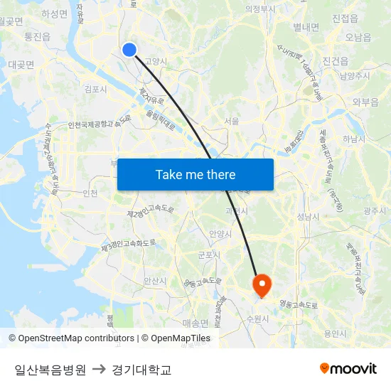 일산복음병원 to 경기대학교 map