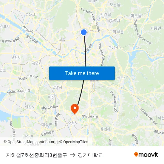 지하철7호선중화역3번출구 to 경기대학교 map