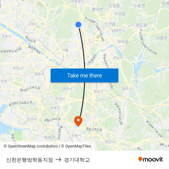 신한은행방학동지점 to 경기대학교 map