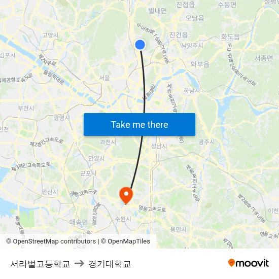 서라벌고등학교 to 경기대학교 map