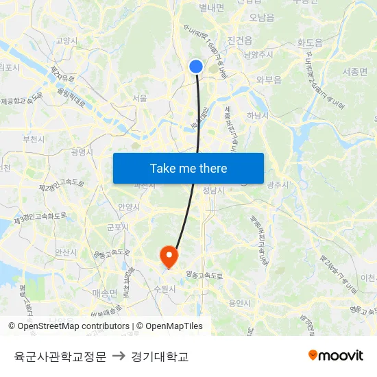 육군사관학교정문 to 경기대학교 map