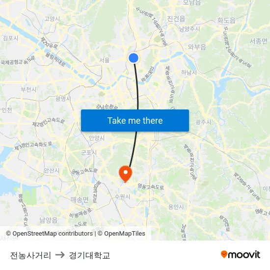 전농사거리 to 경기대학교 map