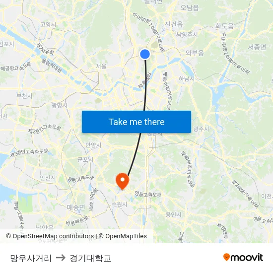 망우사거리 to 경기대학교 map