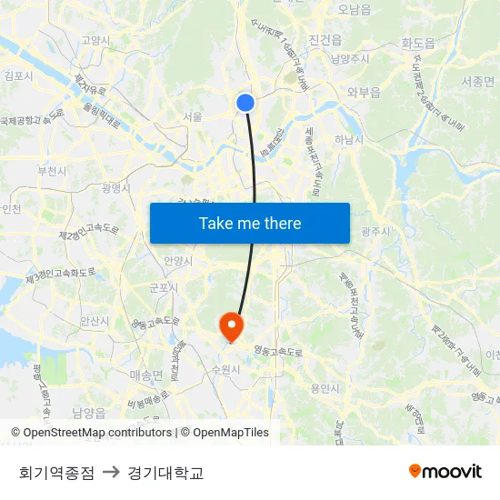회기역종점 to 경기대학교 map