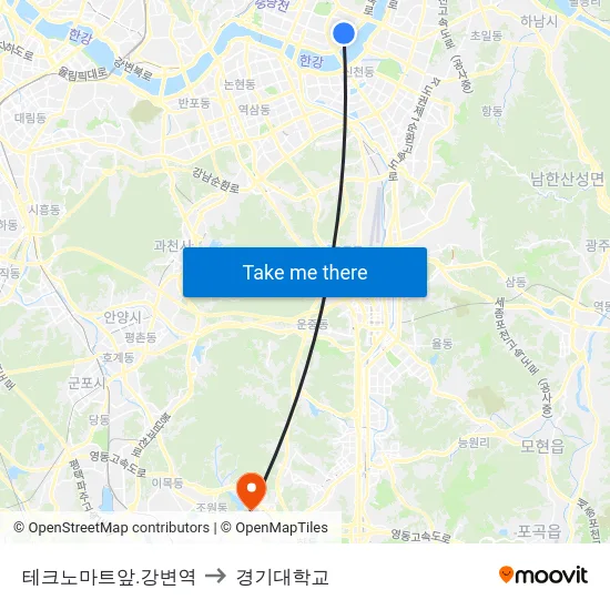 테크노마트앞.강변역 to 경기대학교 map