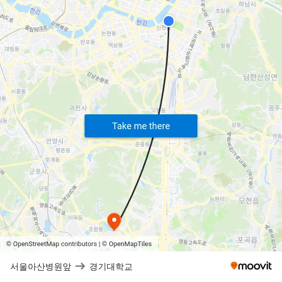 서울아산병원앞 to 경기대학교 map