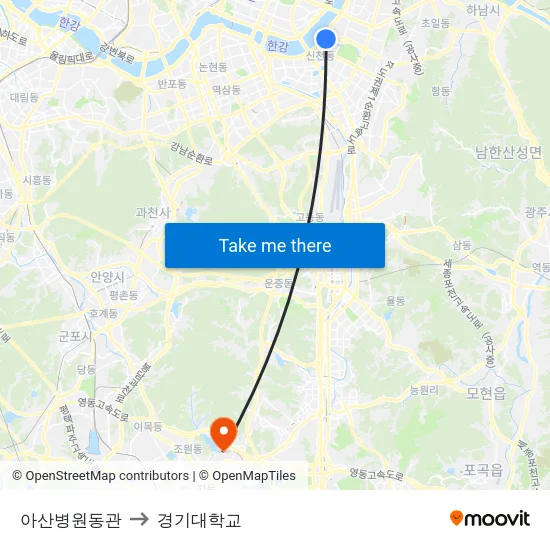 아산병원동관 to 경기대학교 map
