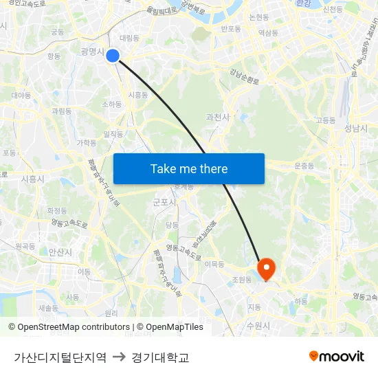 가산디지털단지역 to 경기대학교 map