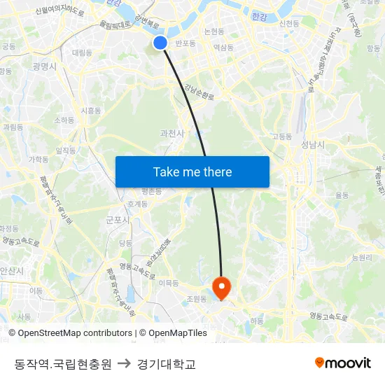 동작역.국립현충원 to 경기대학교 map