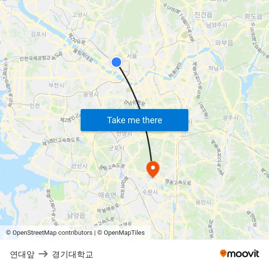 연대앞 to 경기대학교 map