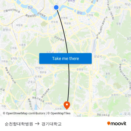 순천향대학병원 to 경기대학교 map