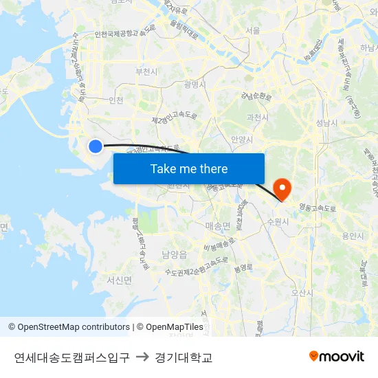 연세대송도캠퍼스입구 to 경기대학교 map
