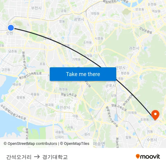 간석오거리 to 경기대학교 map