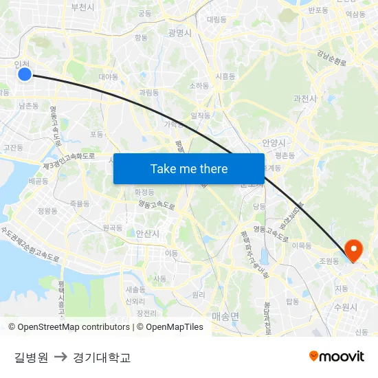 길병원 to 경기대학교 map