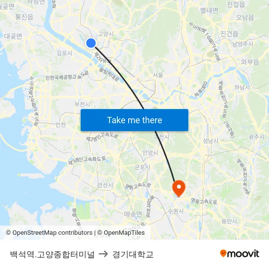 백석역.고양종합터미널 to 경기대학교 map