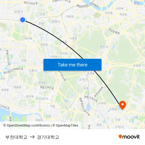 부천대학교 to 경기대학교 map