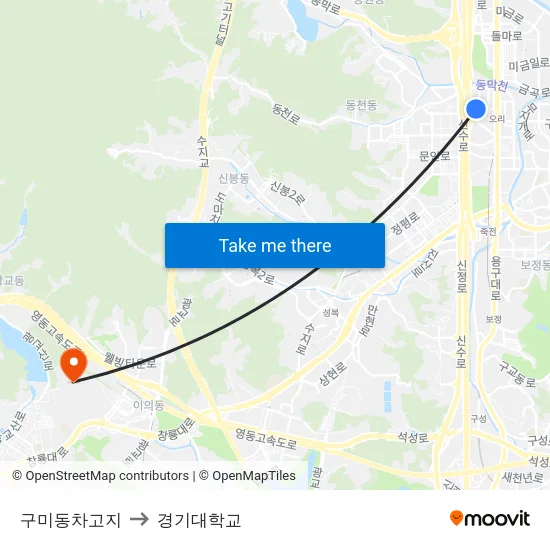 구미동차고지 to 경기대학교 map