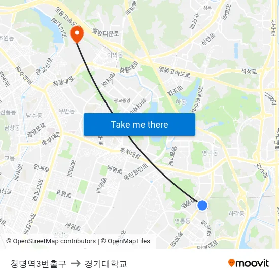 청명역3번출구 to 경기대학교 map
