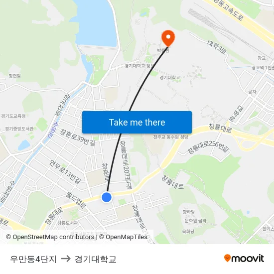 우만동4단지 to 경기대학교 map