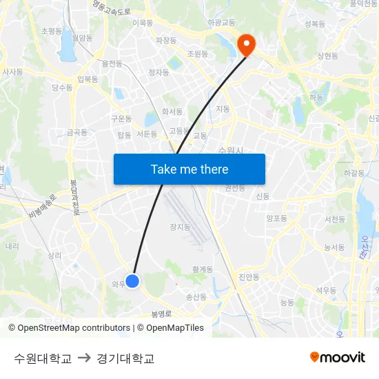 수원대학교 to 경기대학교 map