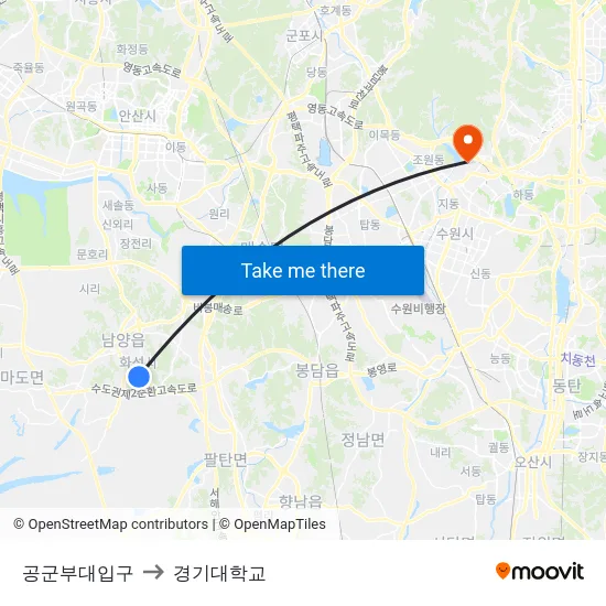 공군부대입구 to 경기대학교 map
