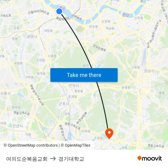 여의도순복음교회 to 경기대학교 map