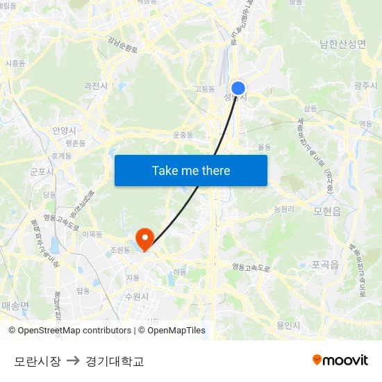 모란시장 to 경기대학교 map