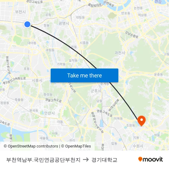 부천역남부.국민연금공단부천지 to 경기대학교 map
