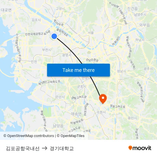 김포공항국내선 to 경기대학교 map