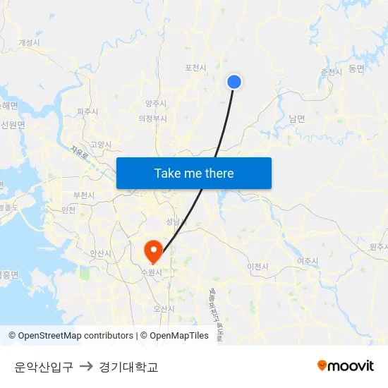 운악산입구 to 경기대학교 map