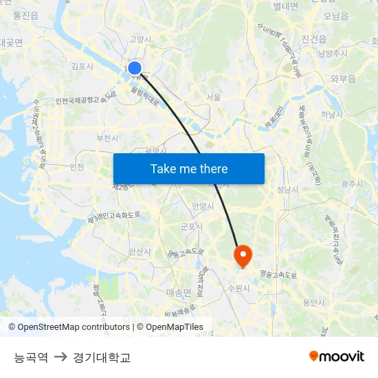 능곡역 to 경기대학교 map