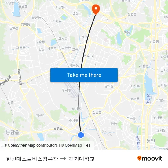 한신대스쿨버스정류장 to 경기대학교 map